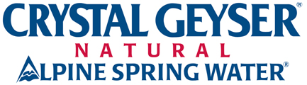Crystal Geyser logo featuring natural spring water design in blue and red colors.